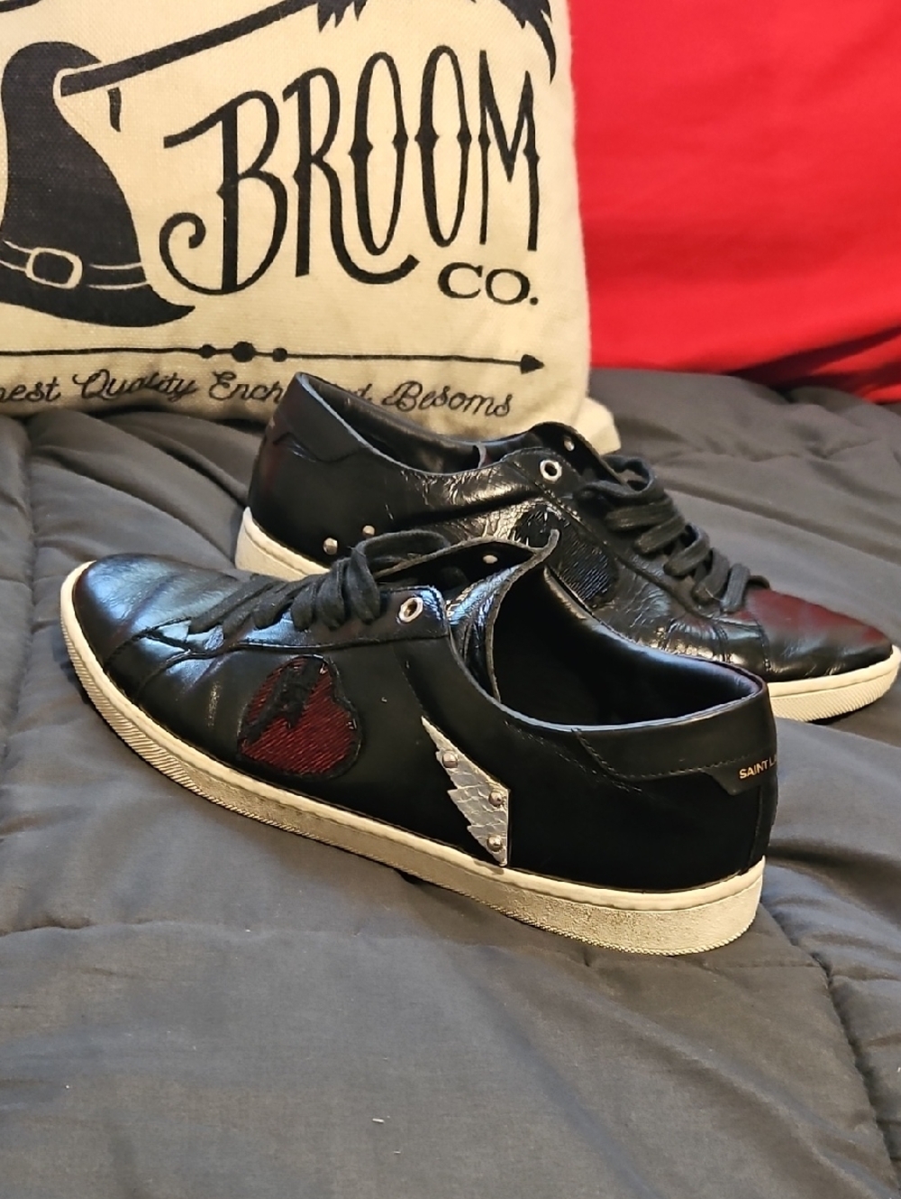 Saint Laurent Hearts And Lightning Bolts Black Leather Low-Top Sneakers Unisex